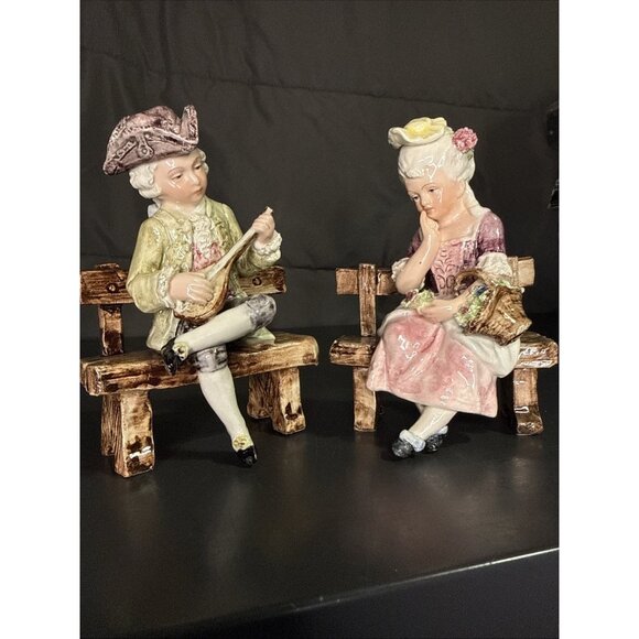 Pair 19th c Antique CAPODIMONTE Figurines Fine Porcelain Man & Woman Lute Bench